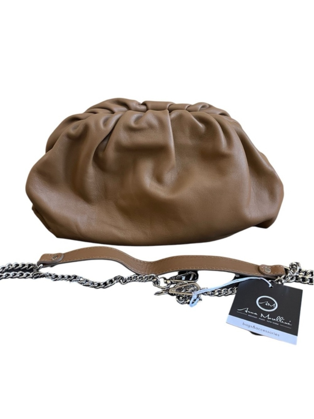 Anna Morellini Luna leather pouch bag with detached chain strap Italy Tan
